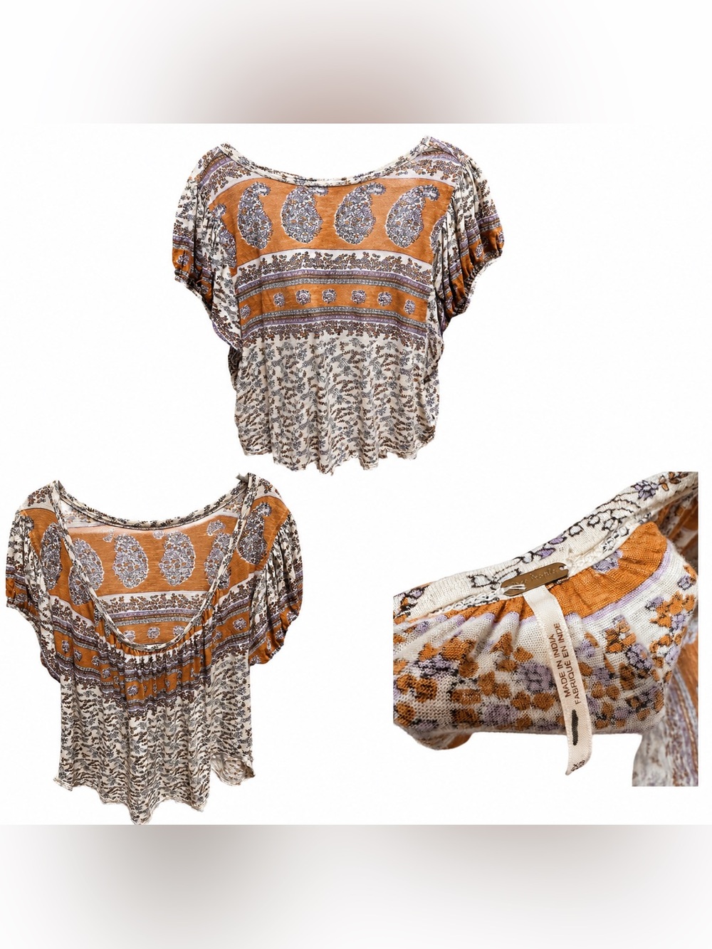 Free People Paisley Boxy Flutter Sleeve Top - Orange/Cream